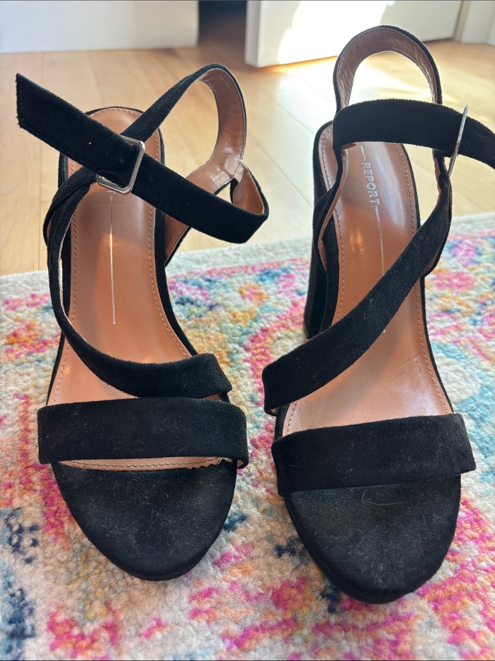 Report Black Suede Crisscross Strap Block Heel Sandals